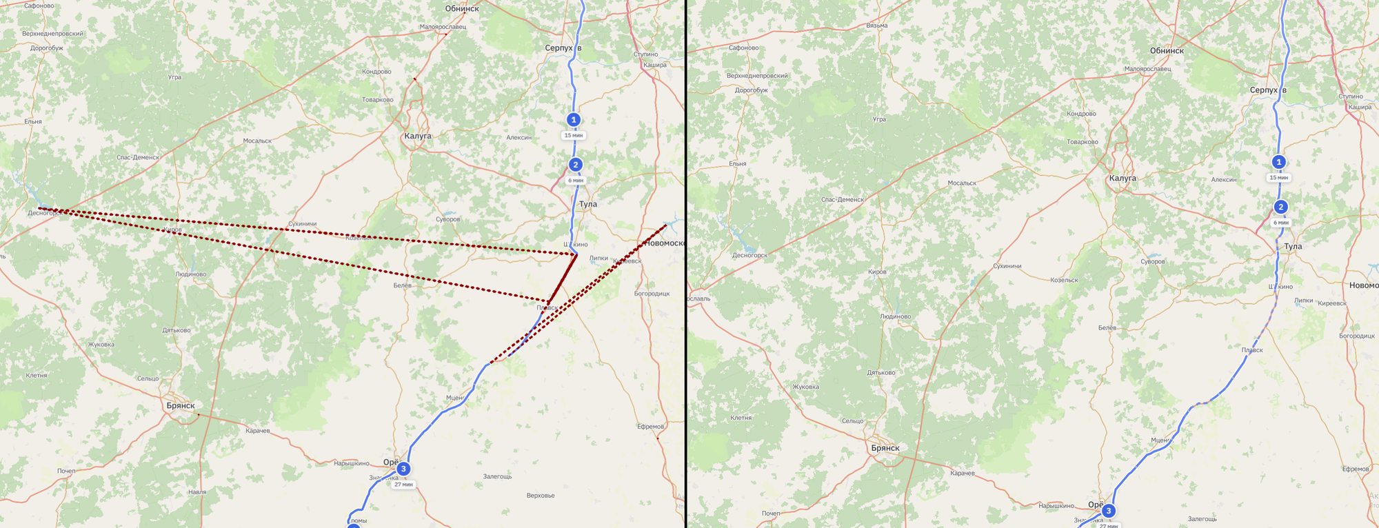 GPS-телепорты на сотни километров: сырой трек и результат фильтрации